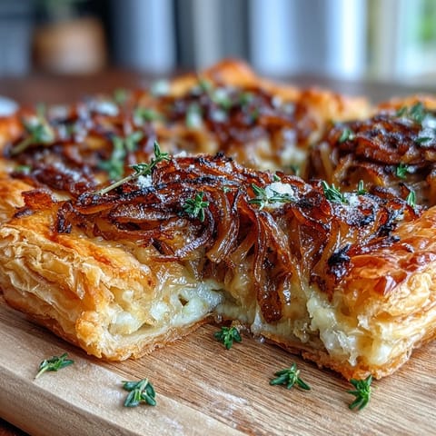 Crisp puff pastry base layered with sweet caramelized onions, nutty Gruyère, and aromatic thyme creates a rich, elegant French onion tart.  