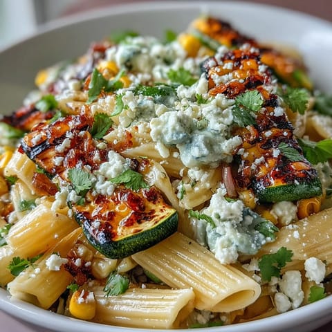 Freshly grilled zucchini and sweet corn tossed with pasta, cherry tomatoes, red onion, and tangy Cotija cheese.  