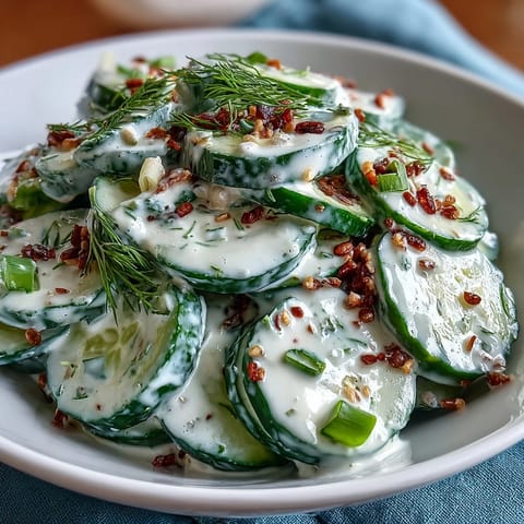 TikTok cucumber salad with everything bagel dressing in a white bowl, garnished with fresh dill and green onions.