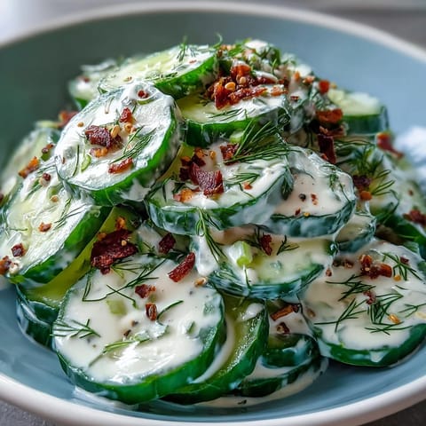 Crisp cucumbers tossed in creamy tangy dressing, sprinkled generously with everything bagel seasoning for savory crunch.