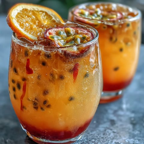 Tropical Sunrise Mocktail with Passionfruit and Orange, a vibrant non-alcoholic drink layered with exotic flavors, garnished with fresh orange slices and mint.