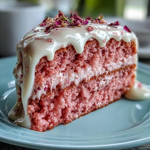 Layers of tender rosé velvet cake are frosted with creamy buttercream and finished with a luxurious edible gold drip for a show-stopping dessert.  