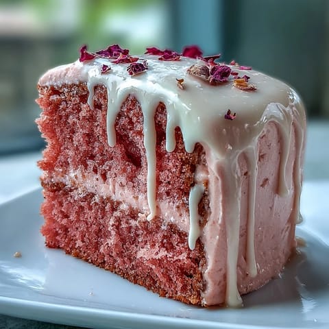 A stunning pink velvet cake infused with rosé wine, crowned with shimmering gold drip for an elegant bridal shower centerpiece.  