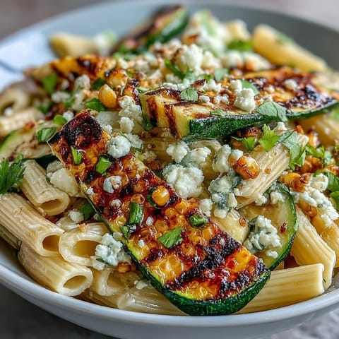 A colorful summer pasta salad with grilled zucchini, sweet corn, and crumbled Cotija cheese in zesty lime dressing.  