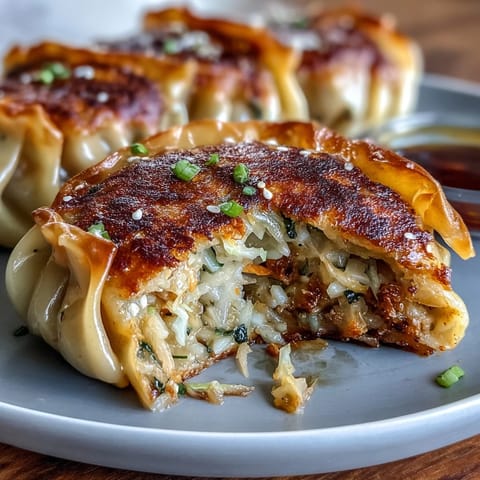 Crispy golden cabbage dumplings sizzling in a pan, filled with seasoned shredded cabbage and carrots.  