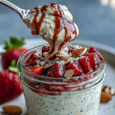 A jar of strawberry vanilla overnight oats topped with fresh berries and sliced almonds, ready for a healthy breakfast.