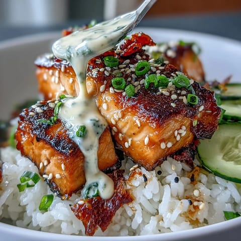 Spicy mayo salmon rice bowl with tender salmon cubes, creamy Sriracha mayo, and fresh cucumber over warm rice, garnished with sesame seeds.