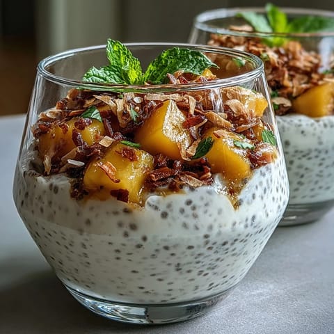 Silky coconut chia pudding topped with vibrant mango pieces and toasted coconut flakes, perfect for a healthy snack.  