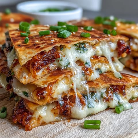 Golden, crispy quesadillas oozing with melted cheese and spicy, tangy kimchi, blending Korean and Mexican flavors in every bite.