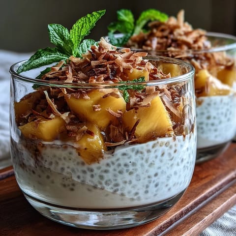 Creamy mango chia pudding with layers of coconut milk and fresh mango chunks, a tropical vegan breakfast or dessert.  
