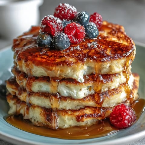 Golden Icelandic Skyr Pancakes piled high, waiting for berries.
