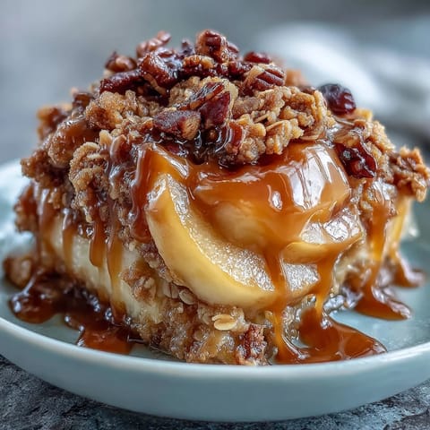 Juicy baked apples drenched in whiskey caramel await their crisp topping.
