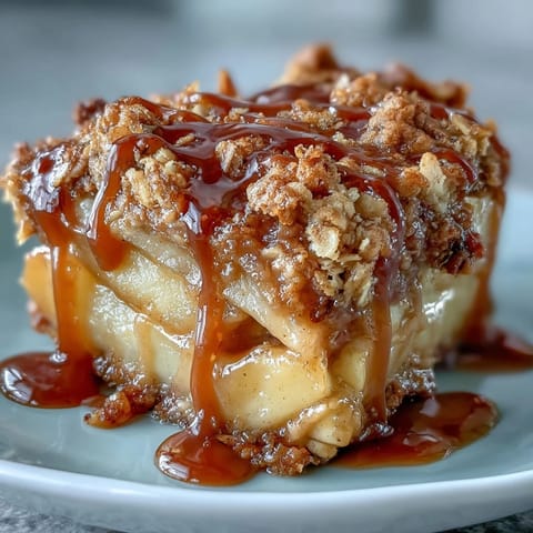 Warm Father's Day Whiskey Caramel Apple Crisp with bubbly apples, golden crumble.