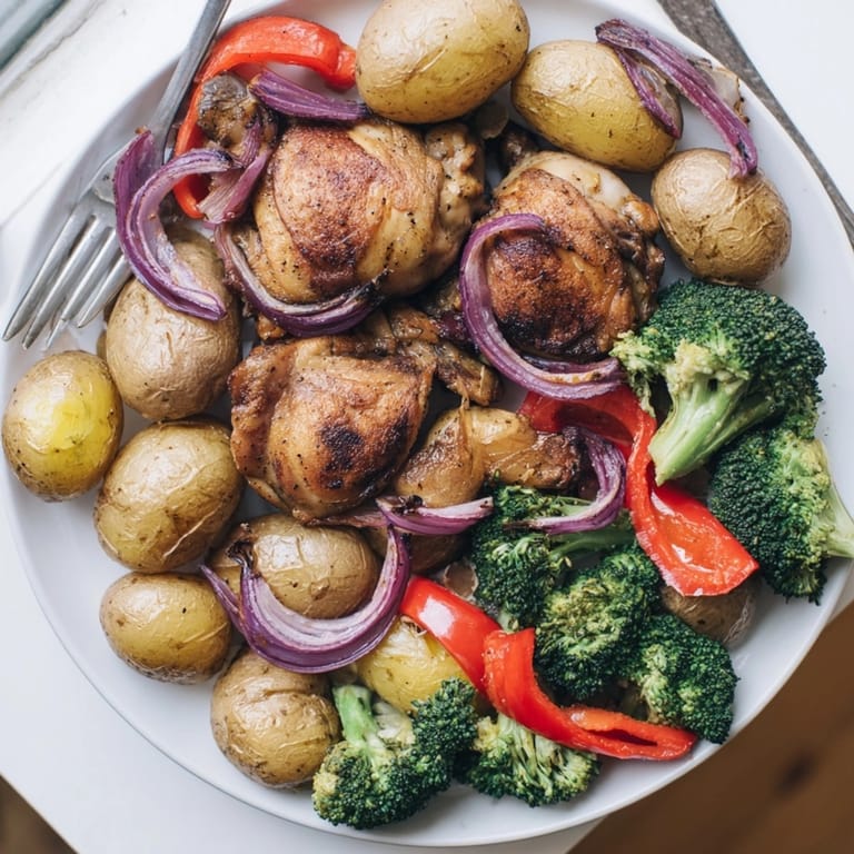 Juicy Honey Lemon Roasted Chicken Sheet Pan dinner served hot with roasted potatoes and broccoli