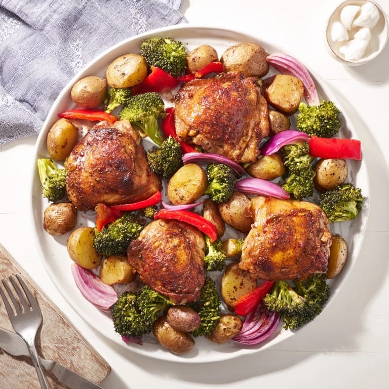 Crisp-skinned Honey Lemon Roasted Chicken Sheet Pan nestled among caramelized bell peppers and onions