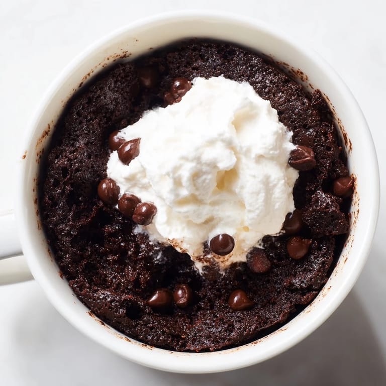 Enjoy a quick dessert: a fluffy, rich chocolate mug cake with visible chocolate chip additions.