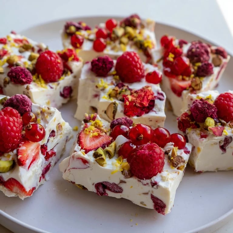 A close-up view of frozen yogurt bark showcasing fresh berries and a creamy, inviting texture.