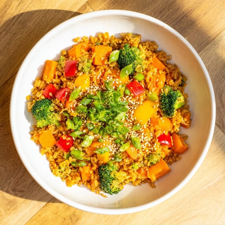 A delightful view of savory Crispy Vegetable Fried Rice, complete with fresh cilantro and toasted sesame seeds.