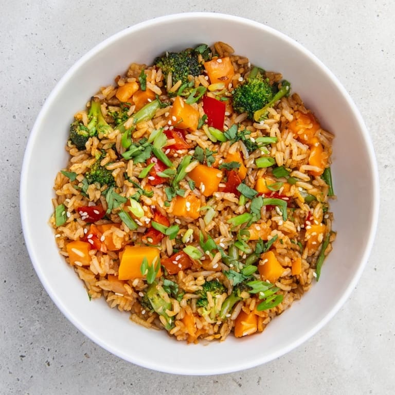 Enjoy a steaming bowl of flavorful Crispy Vegetable Fried Rice, beautifully garnished for a satisfying meal.