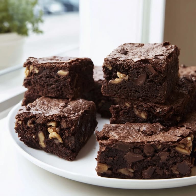 Close-up of decadent, homemade Fudgy Walnut Brownies; imagine the intense chocolate aroma and texture.