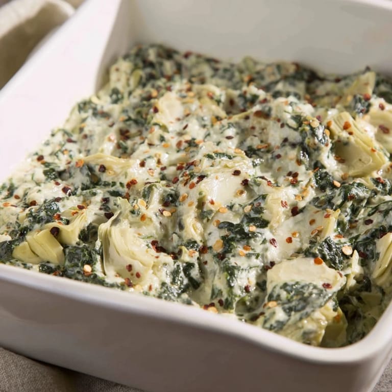 A close-up of baked Warm Spinach and Artichoke Dip, showing a creamy, cheesy, and inviting texture.