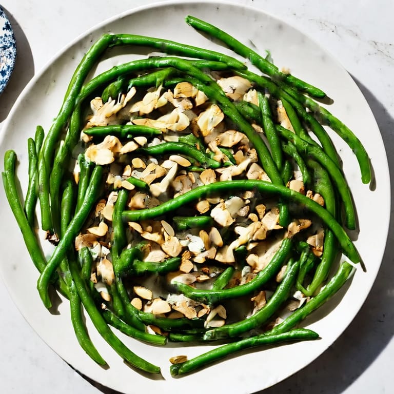 A close-up view of beautifully sautéed green beans, with toasted almonds, ready to eat.
