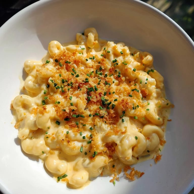Close-up of the delicious Golden Comfort Food: Creamy Stove-Top Mac and Cheese, showing a velvety cheese sauce.