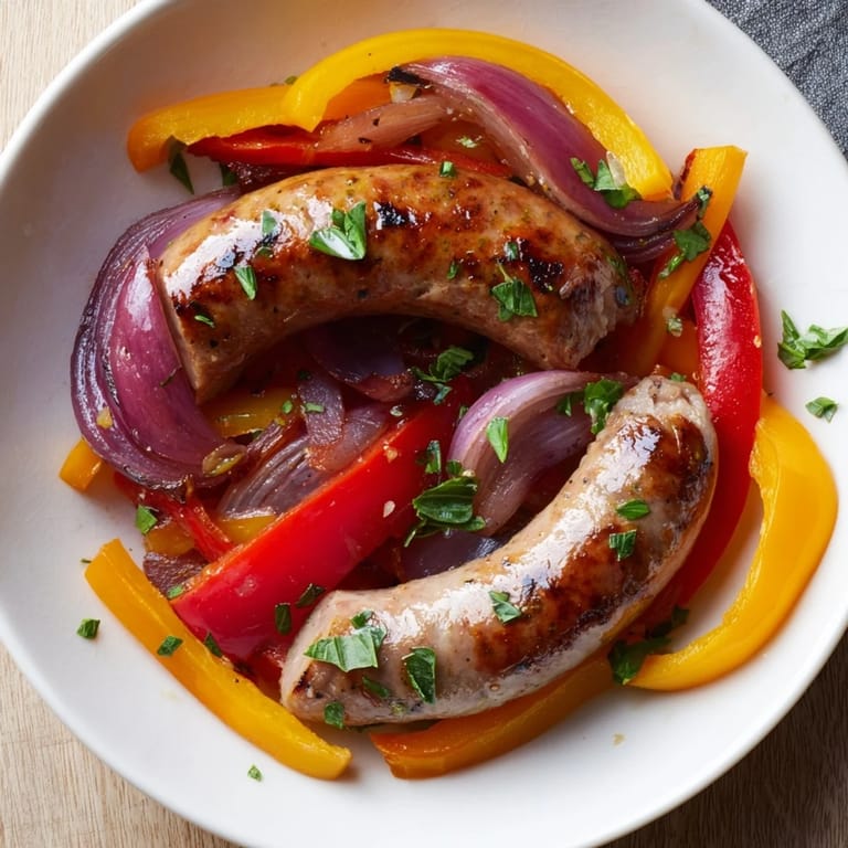 Savory Roasted Italian Sausage, Peppers, and Onions with glistening olive oil, ready to serve and enjoy.