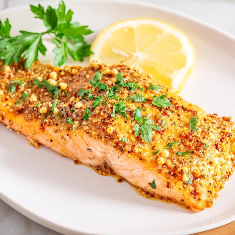 Juicy Honey Mustard Glazed Salmon served with lemon wedges, offering bright flavors and a quick prep time.