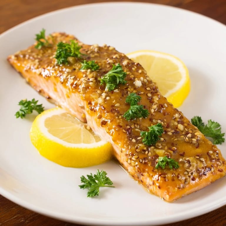 Delectable Honey Mustard Glazed Salmon, featuring a glossy, flavorful sauce, perfect for a quick meal.