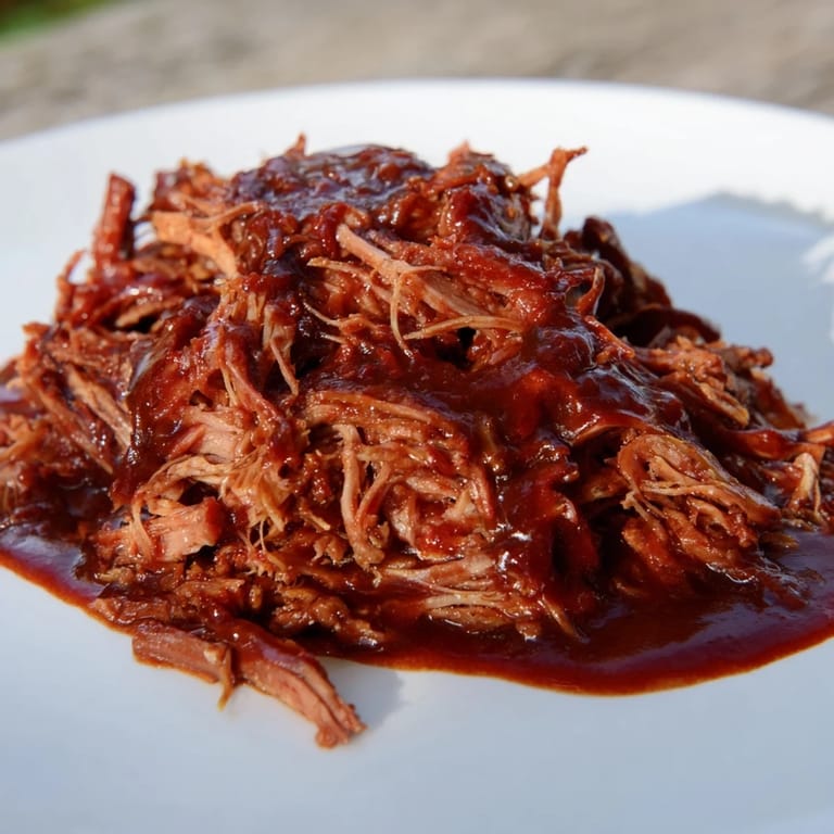 A close-up of tender 5-Ingredient BBQ Pulled Pork, swimming in rich barbecue sauce after cooking.