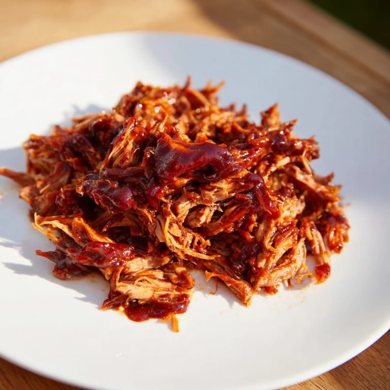 Shredded 5-Ingredient BBQ Pulled Pork piled high, ideal for sandwiches alongside coleslaw or potatoes.