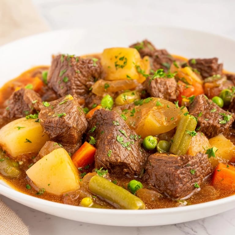 A close-up of delicious Beef and Vegetable Stew, a comforting, gluten-free American classic.