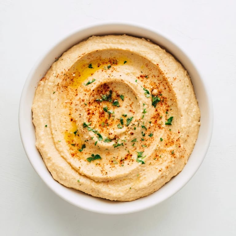 Homemade hummus recipe: a bowl of Perfect 5-Minute Hummus topped with parsley, ready to enjoy.