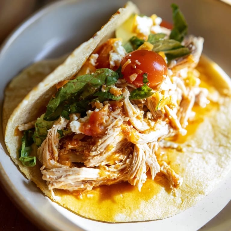 A close-up of slow cooker shredded chicken tacos, showcasing the tender meat and vibrant flavors.