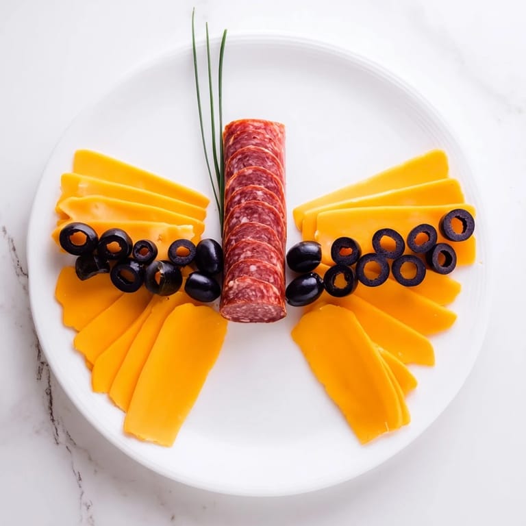 This fun and easy Butterfly Migration appetizer platter is designed with savory salami and olive details.