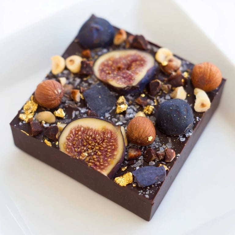 The Midnight Mosaic features a stunning mosaic topping of figs and olives on a rich, dark chocolate base.