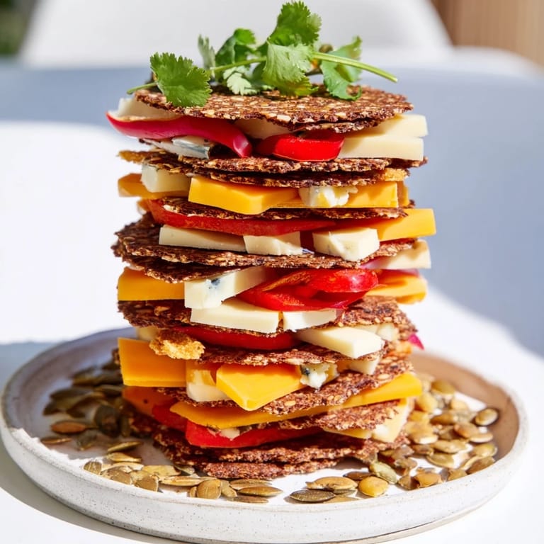 Vibrant Southwest Mesa towers, layered with cheeses and crackers, garnished with peppers and herbs.