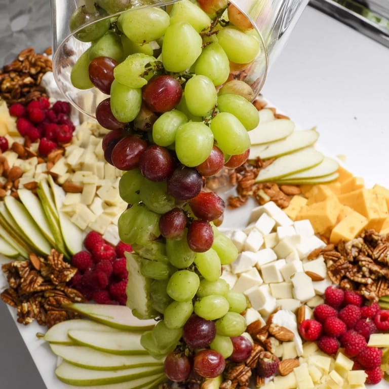 Imagine a visually striking Champagne Waterfall Board, teeming with appetizing cheese and fresh fruit delights.