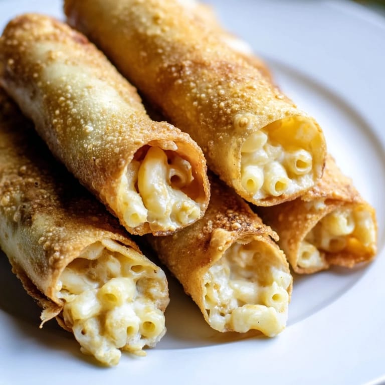 Air fryer reveals the crispy, flaky exterior of these Tinis Mac and Cheese Lumpia Rolls, a fun appetizer.