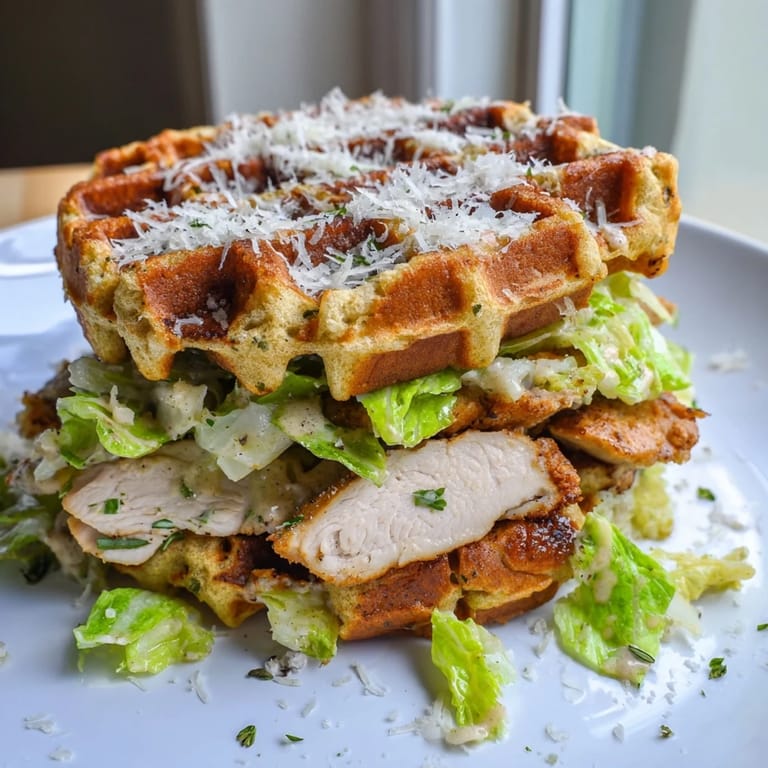 Savory stuffing waffles hold a delicious Chicken Caesar Waffle Sandwich, ready to be enjoyed as a meal.