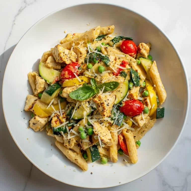Tender chicken, colorful vegetables, and pasta unite in The Last Bite Chicken Pasta, plated for enjoyment.