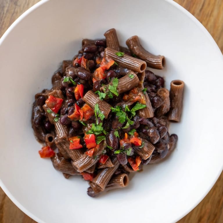 Close-up of the flavorful one-pot ditalini recipe, rich with chili spices and dark chocolate's warmth.