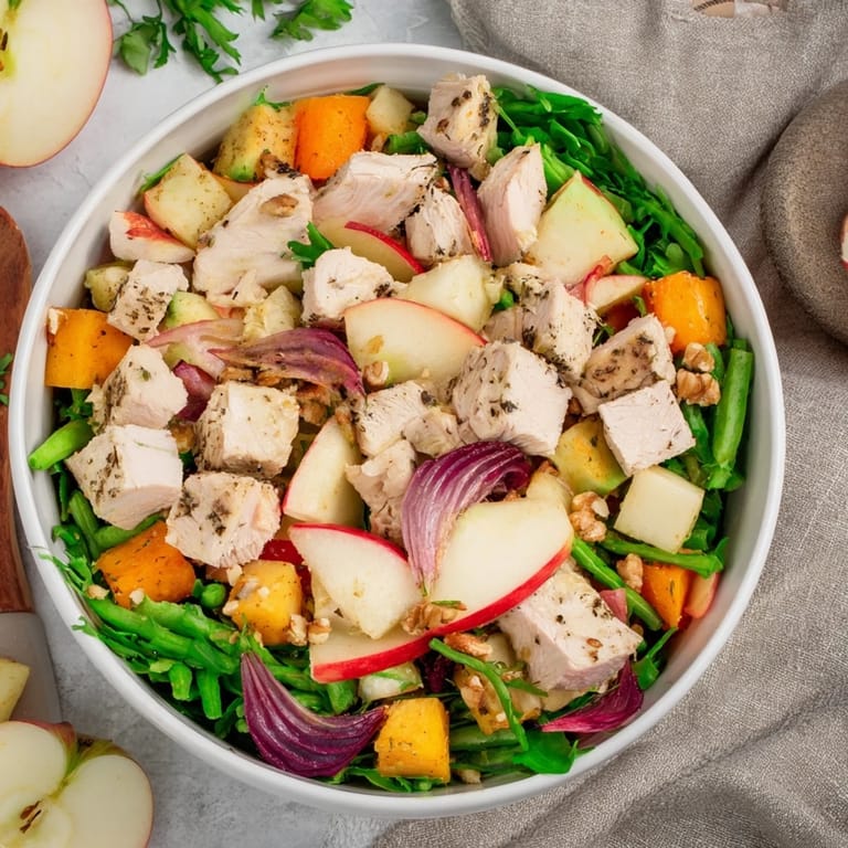 Bright bowl of Chicken and Apple New Years Luck Salad, bursting with fresh flavors, perfect for a New Year's meal.