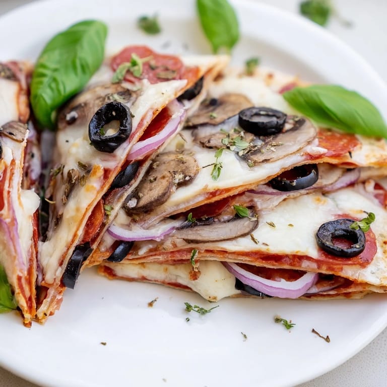 A close-up of a folded, delicious Cheesy Tortilla Pizza Wrap with visible toppings and cheese.