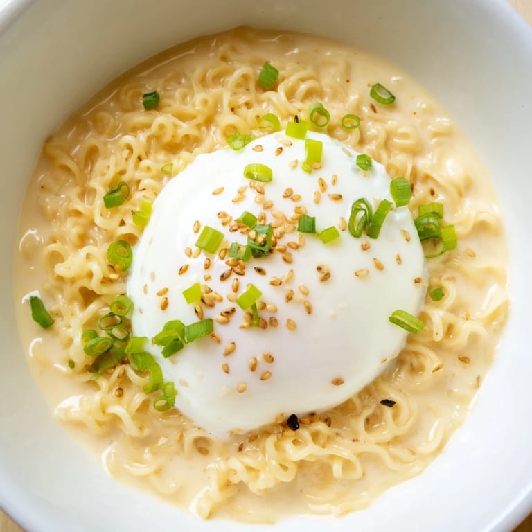 A creamy, cheesy Instant Cheese Ramen Bowl, topped with fresh green onions and sesame seeds.