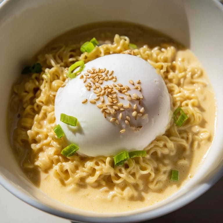 Close-up of a delightful Instant Cheese Ramen Bowl, featuring a perfectly cooked egg yolk and rich broth.