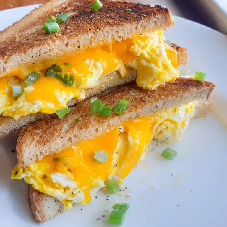 The delicious One-Pan Egg Breakfast Sandwich shows fluffy eggs nestled inside toasted bread for a satisfying meal.