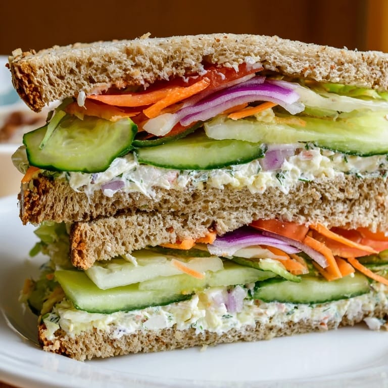 Close-up of a loaded crunchy dill pickle sandwich, showcasing layers of tangy pickles and vibrant vegetables.