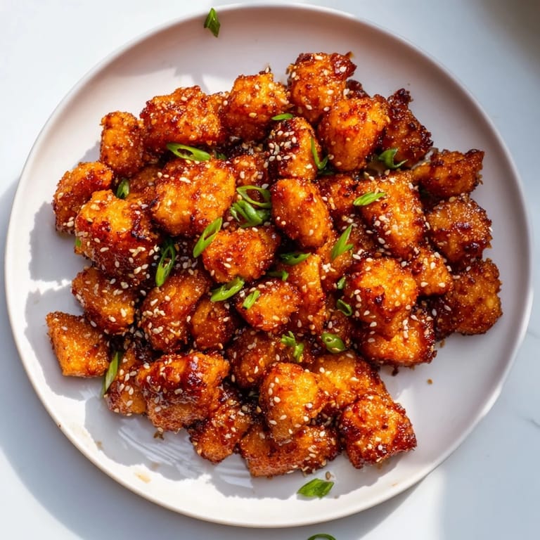 Crispy Honey-Sriracha Chicken Bites, with sesame seed garnish, offering a tempting sweet-spicy aroma.